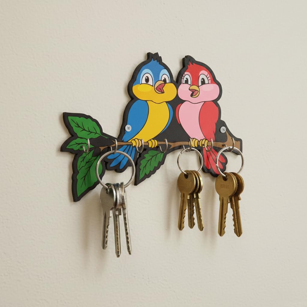 RADIQORE Wooden Cute Love Birds Key Holder for Wall Decor - 7 Hooks - Stylish Entryway Wall Hanger & Home Organizer - 7 x 6 Inches (red Blue)
