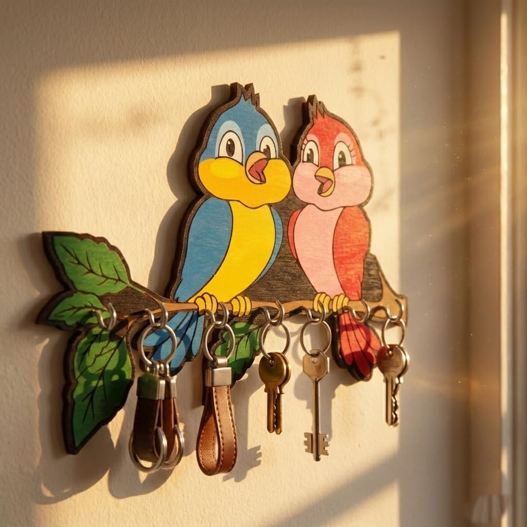 RADIQORE Wooden Cute Love Birds Key Holder for Wall Decor - 7 Hooks - Stylish Entryway Wall Hanger & Home Organizer - 7 x 6 Inches (red Blue)