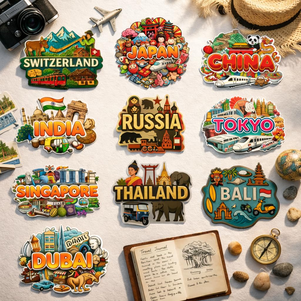 Radiqore Souvenir Fridge Magnet Pack of 10 | Collectible Countries Travel Magnets | High-Power Magnet for Refrigerator, Almirah & Office Decor (Country)