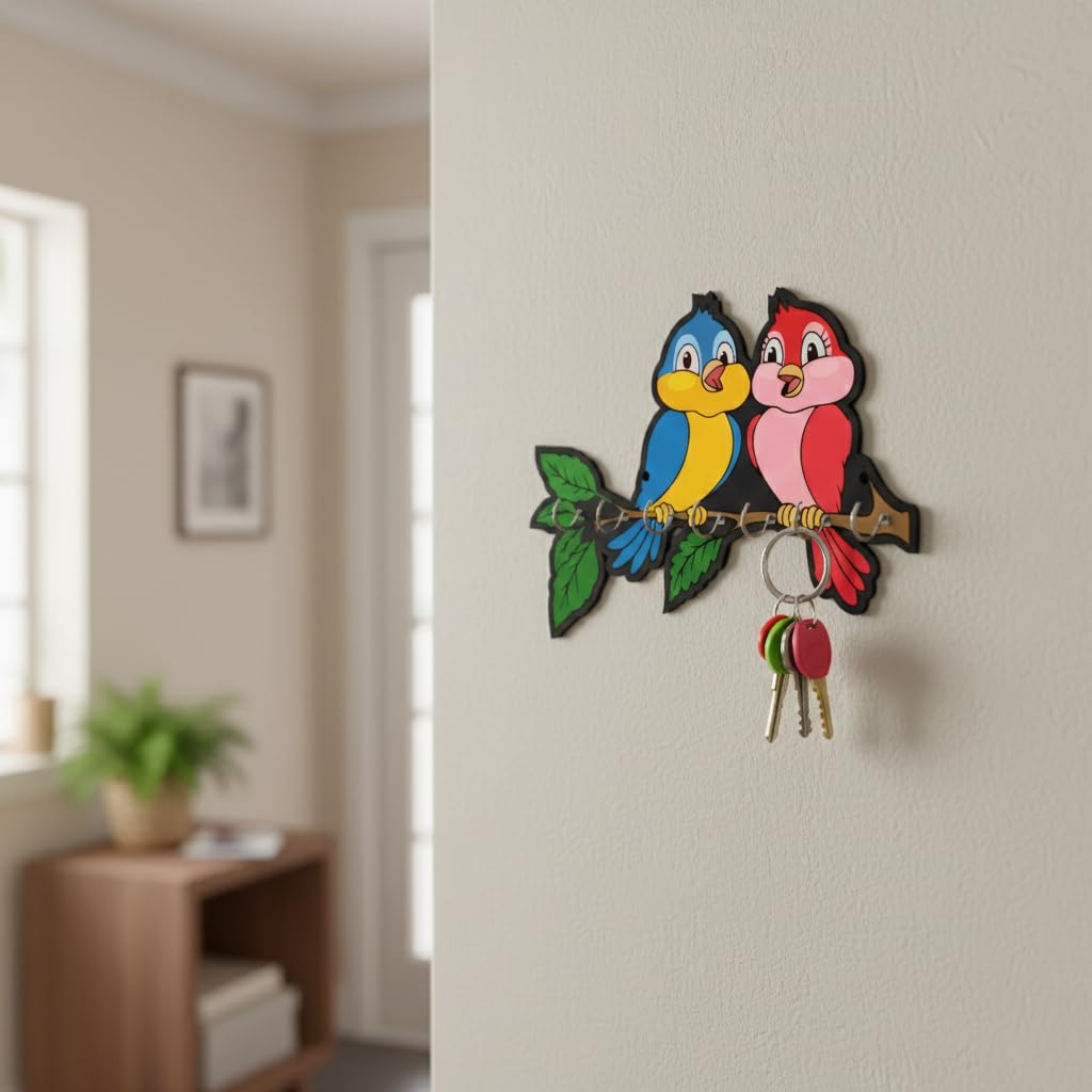 RADIQORE Wooden Cute Love Birds Key Holder for Wall Decor - 7 Hooks - Stylish Entryway Wall Hanger & Home Organizer - 7 x 6 Inches (red Blue)