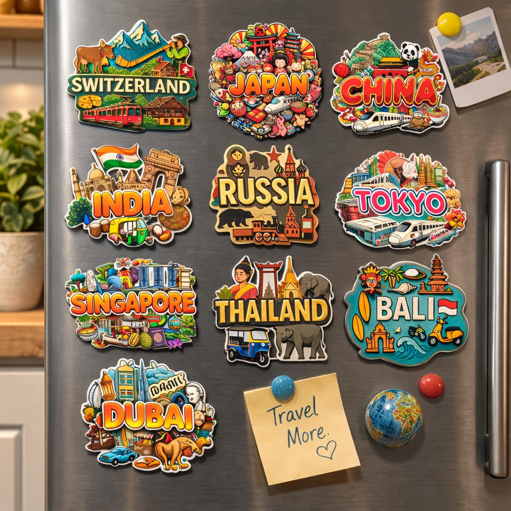 Radiqore Souvenir Fridge Magnet Pack of 10 | Collectible Countries Travel Magnets | High-Power Magnet for Refrigerator, Almirah & Office Decor (Country)