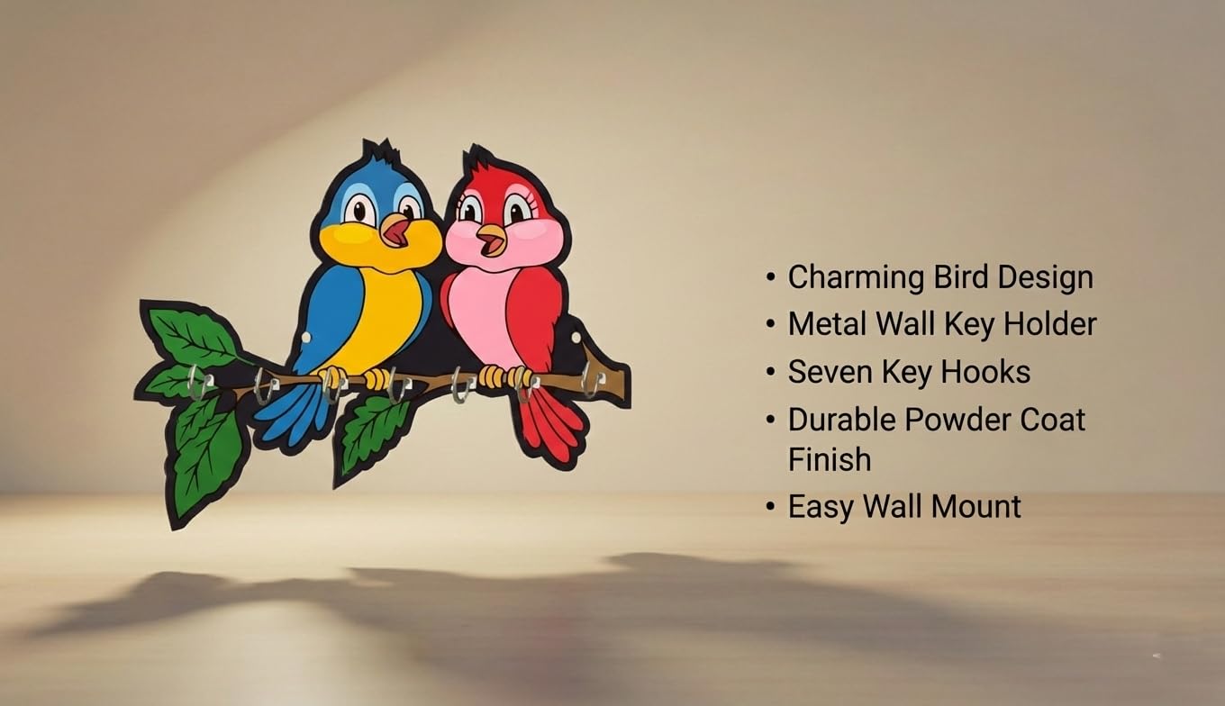 RADIQORE Wooden Cute Love Birds Key Holder for Wall Decor - 7 Hooks - Stylish Entryway Wall Hanger & Home Organizer - 7 x 6 Inches (red Blue)