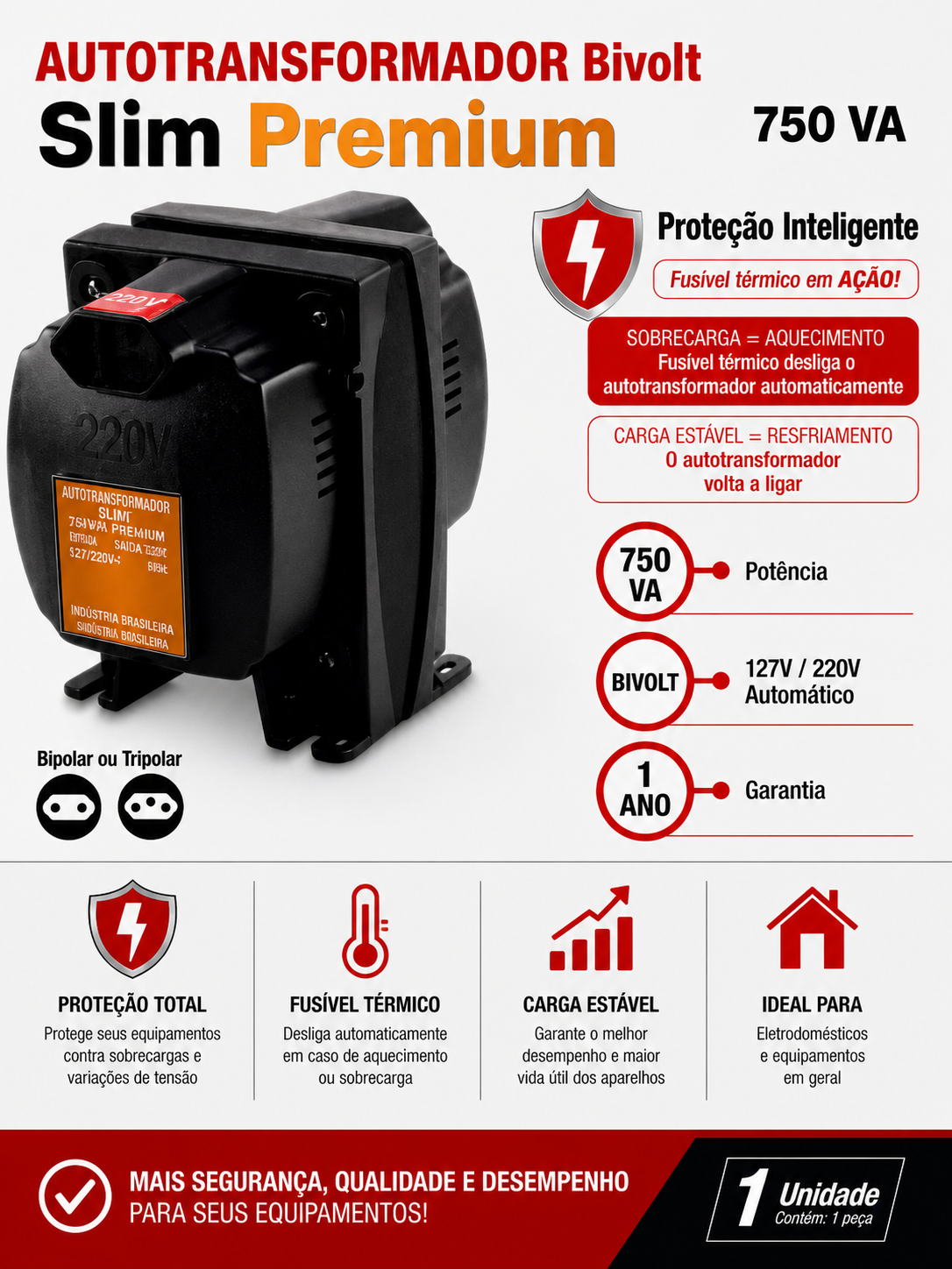 Autotransformador Bivolt Slim Premium 750 VA