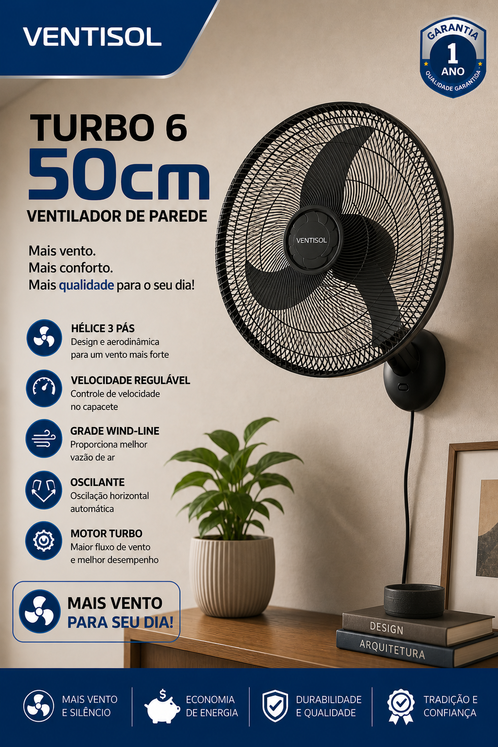 Ventilador de Parede Ventisol Turbo 6 50cm