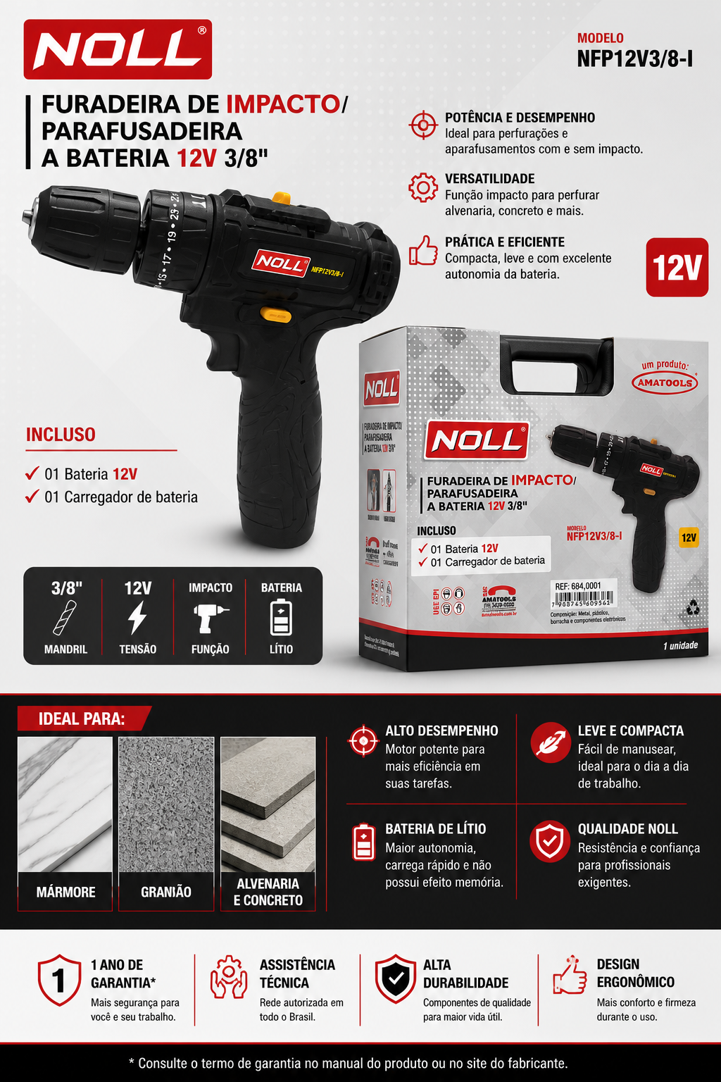Furadeira de Impacto/Parafusadeira Noll 12V 3/8