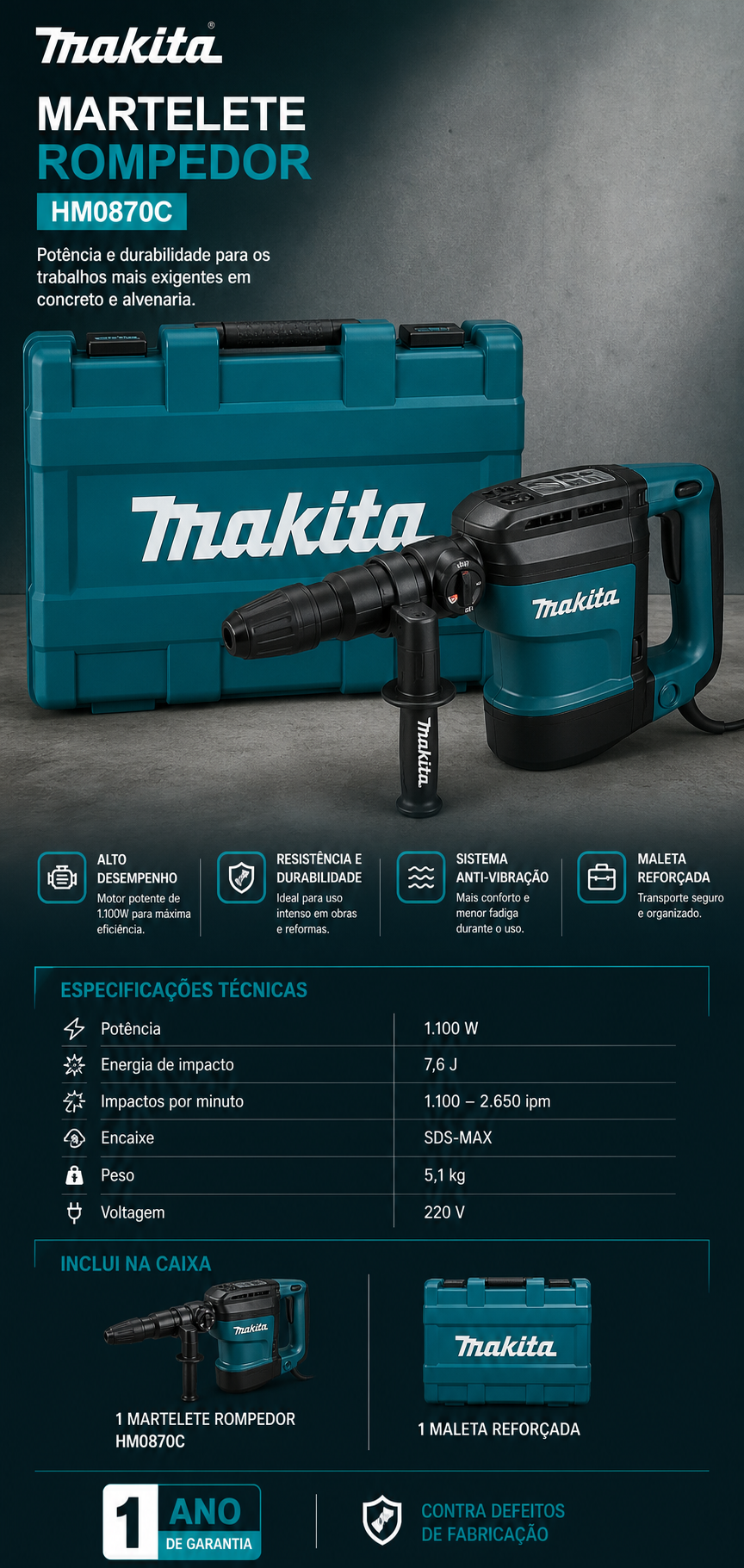 Martelete Rompedor Makita HM0870C