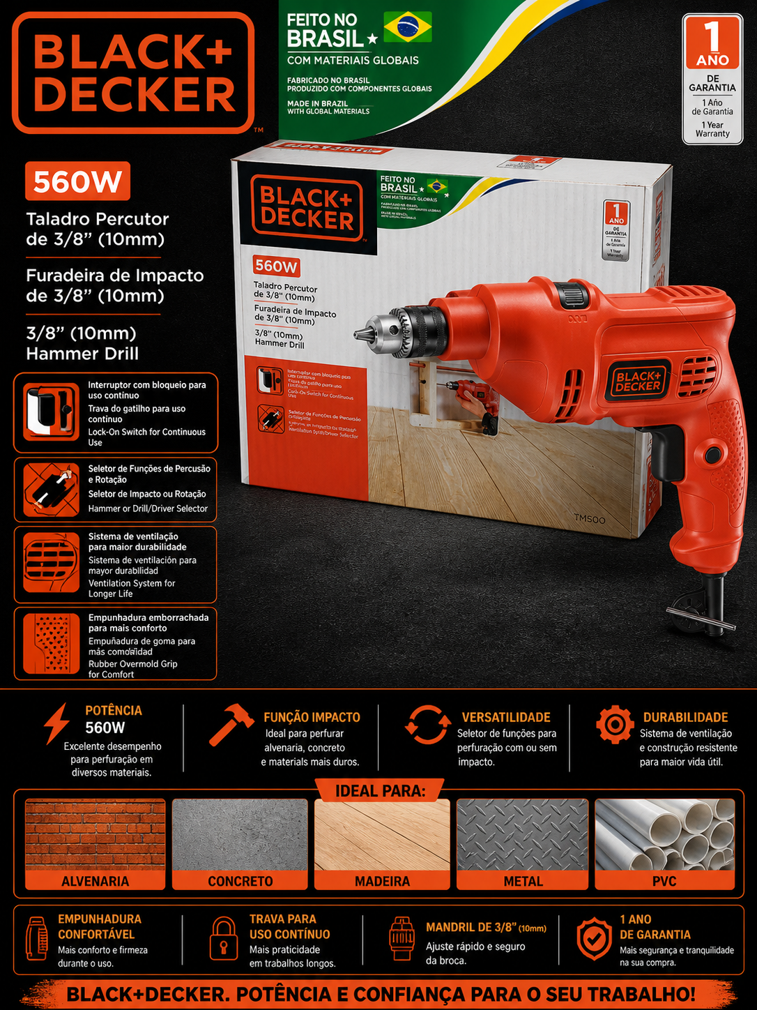 Furadeira de Impacto 560W 3/8" (10mm) BLACK+DECKER