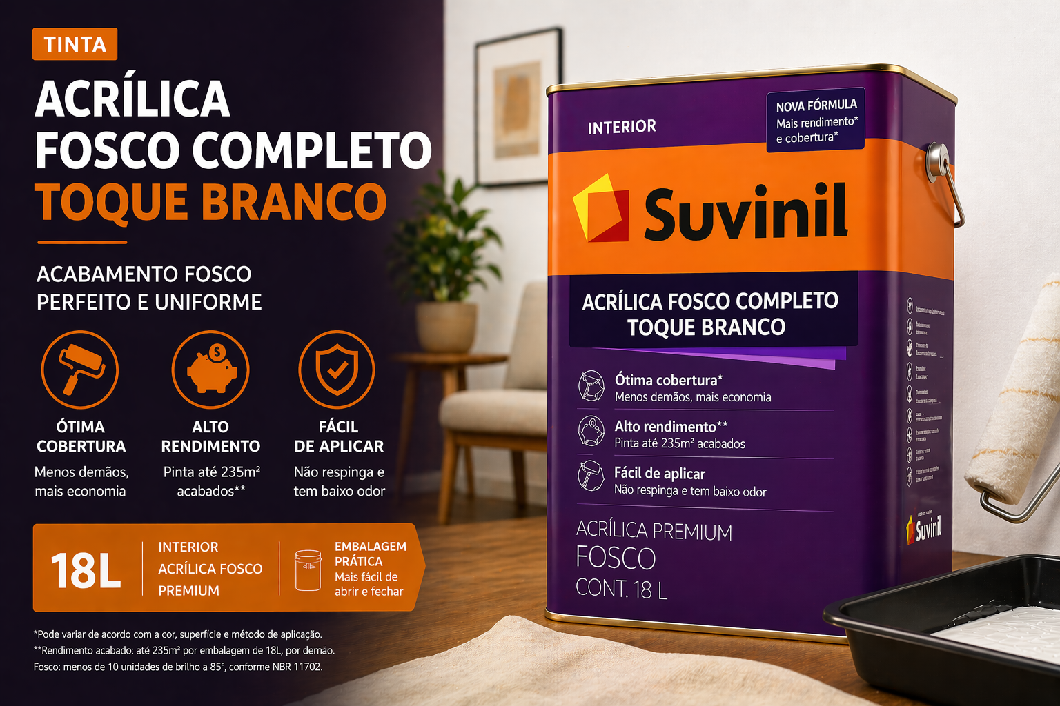 Tinta Acrílica Fosco Completo Toque Branco 18L