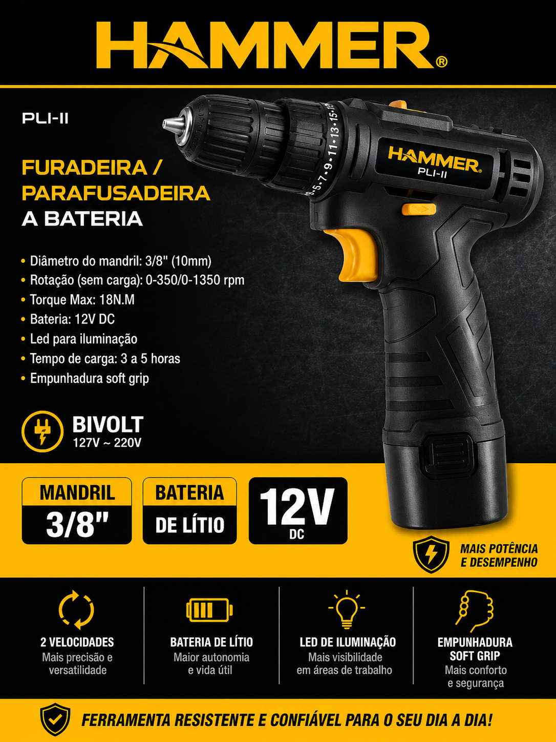 Furadeira/Parafusadeira a Bateria Hammer PLI-II