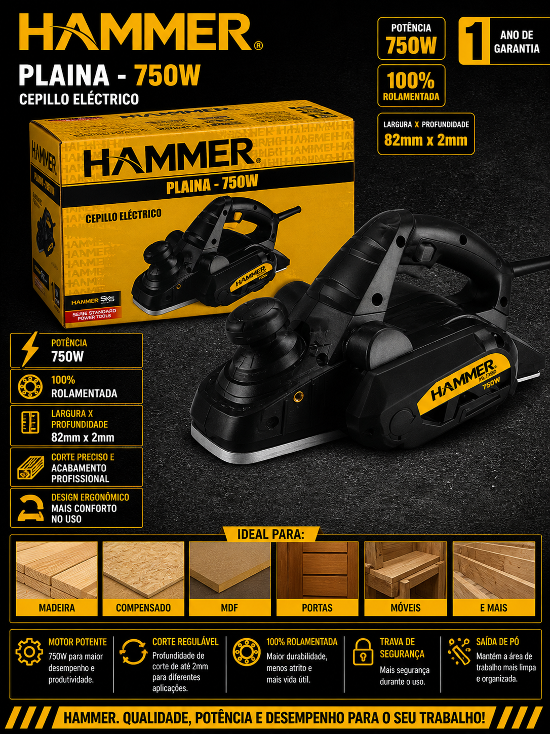 Plaina Elétrica Hammer 750W
