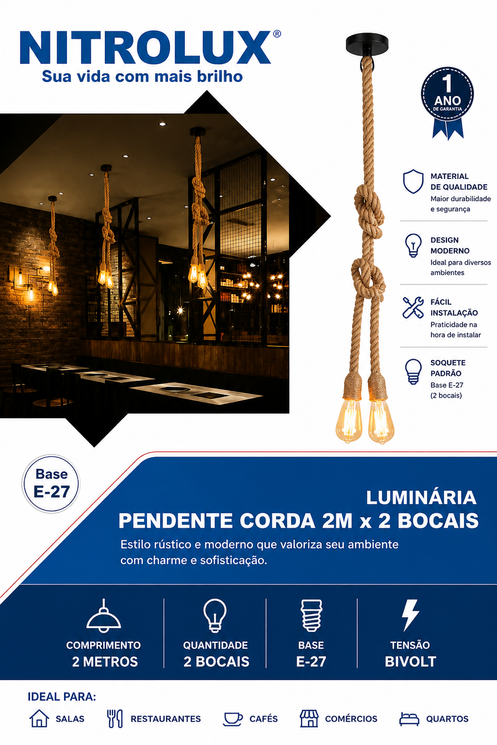 Luminária Pendente Corda 2m x 2 Bocais