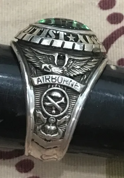 US Military US ARMY PARA Silver Ring Josten's Sterl ( Green Stone) Size 10