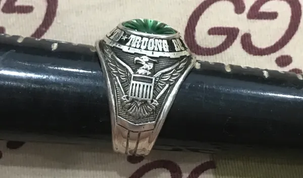 SVN Military Silver Ring Truong Bo Binh Thu Duc QLVNCH Ring Josten's Sterl Size 10(Green Stone)