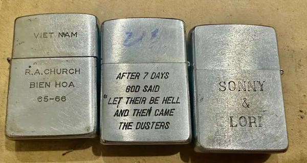 Vietnam War - US Military US Loast Guards Explosive Loads Det“RA Church Bien Hoa 67-68” - USMC - “ Sonny & Lori Zippo Lighter (3 pcs)