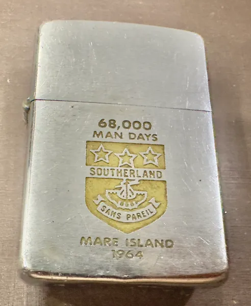 Vietnam War - US Military Navy 68,000 Man Days Southerland Mare Island 1964 USS Southerland DD743 Zippo Lighter