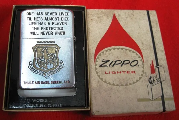 US Militaria Thule Airbase, Greenland Auxilium Libertati Rare Zippo Lighter