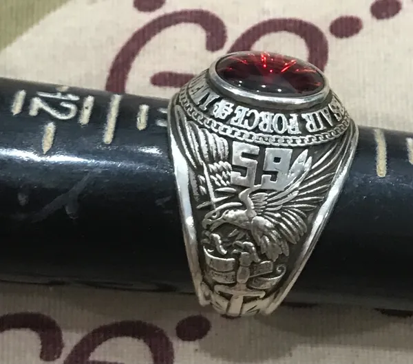 US Military Silver Ring United States AirForce * Academy * Ring  Josten's Sterl Red Stone Size : 10 1/2-11