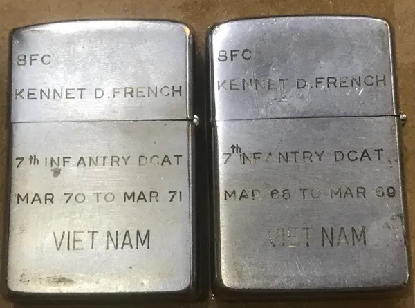 Vietnam War- SFC Kennet D. French 7th Inf Dcat " Mar in 1968-69 & 70-71 " Zippo Lighter