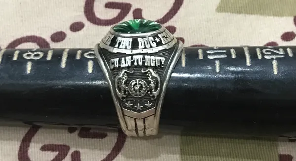 SVN Military Silver Ring Truong Bo Binh Thu Duc QLVNCH Ring Josten's Sterl Size 10(Green Stone)
