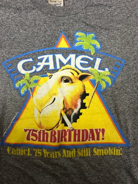 VINTAGE CAMEL 75th Birthday "75 Years and Still Smokin" ORIGINAL 80'S TRI-BLEND T-SHIRT SIZE - MEDIUM 38 - 40