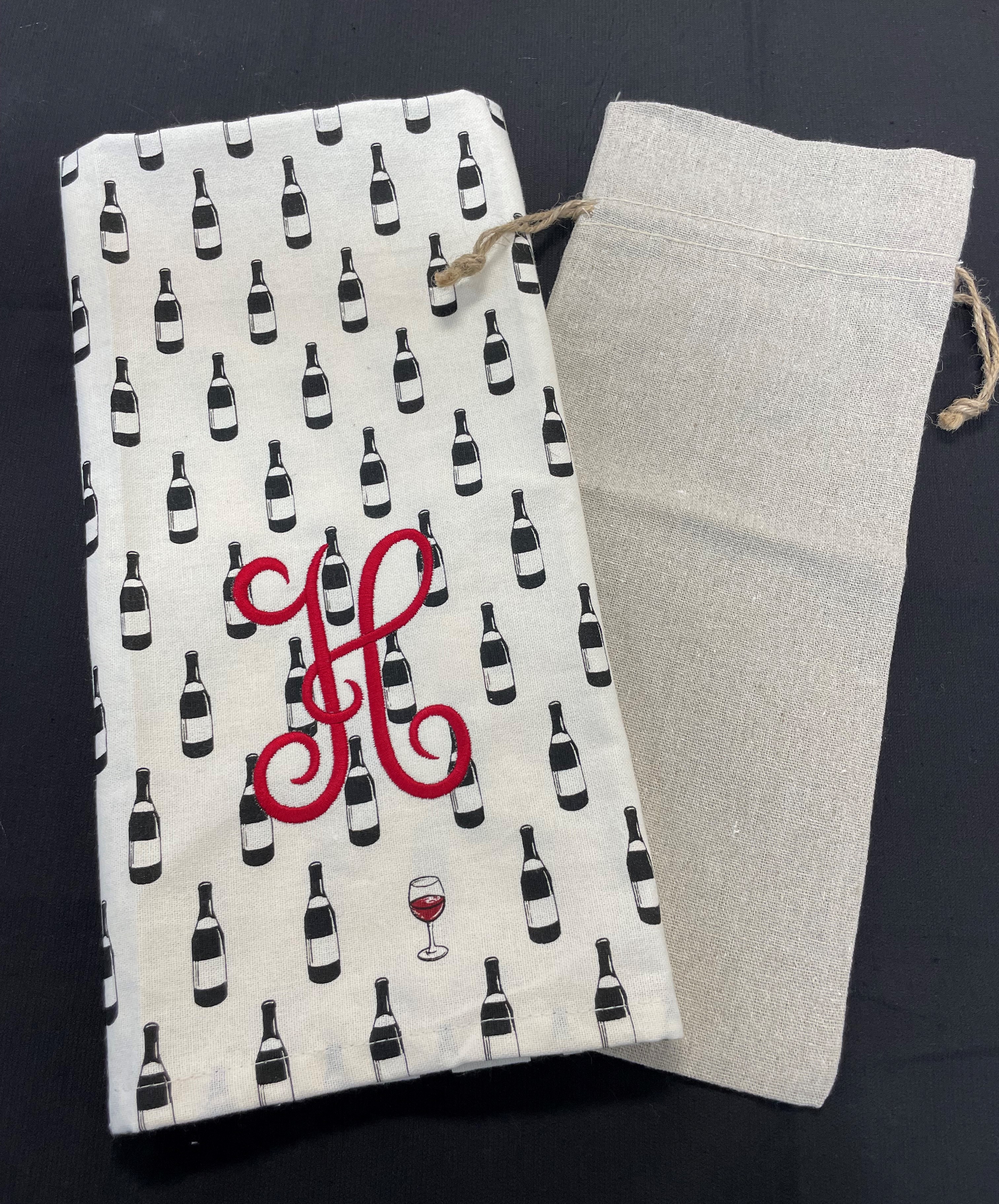 Kitchen Towel with Wine Bottle motif and Monogram 