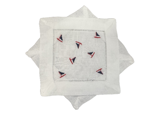 Cocktail Napkins with Sailboat embroidered scatter design, summer cocktail napkins
