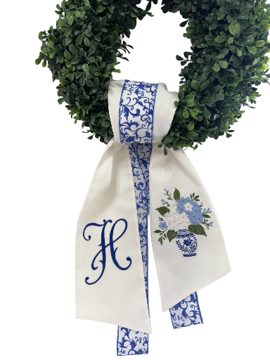Hydrangea Wreath Sash with personalization and accent ribbon