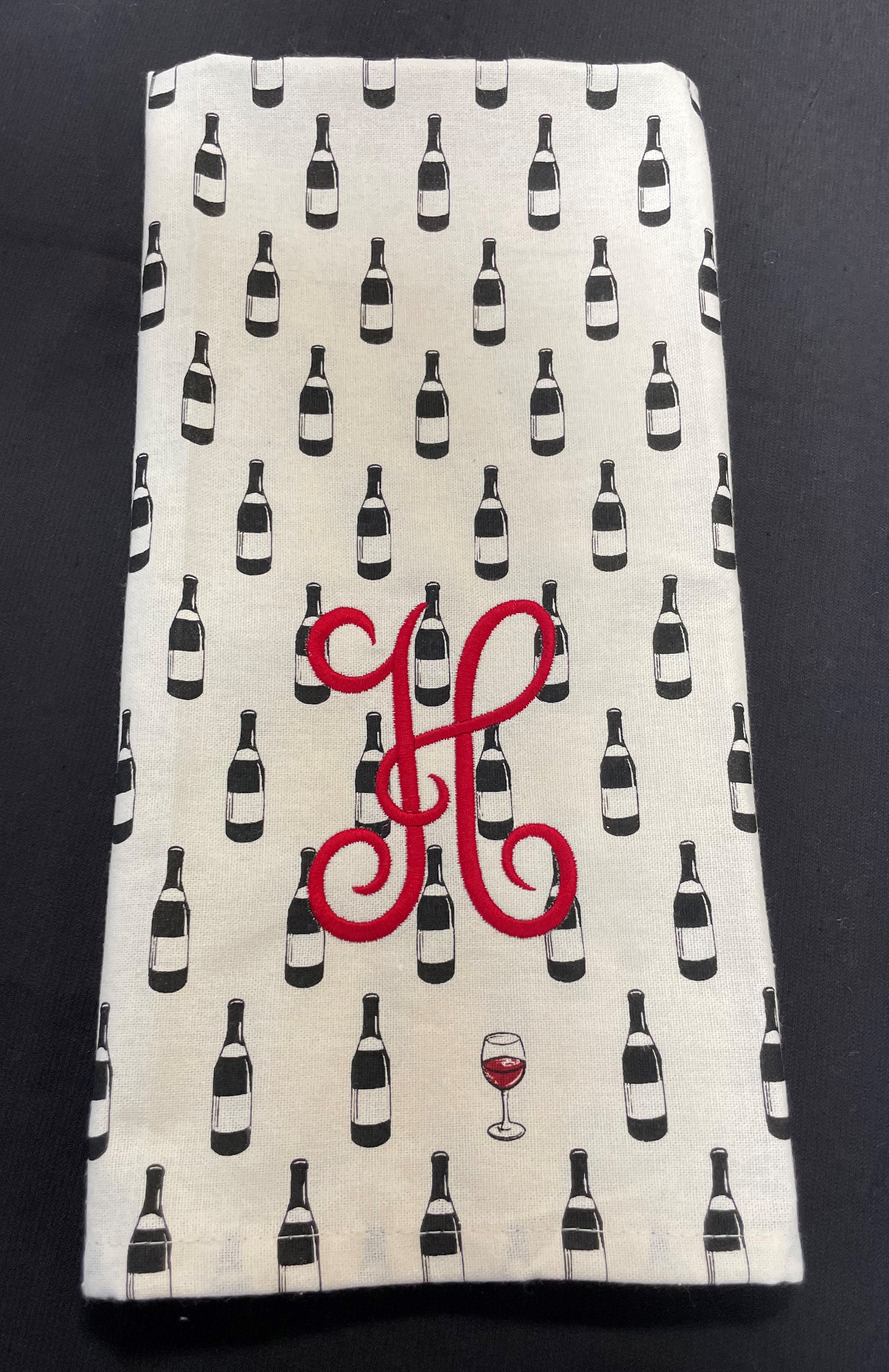 Kitchen Towel with Wine Bottle motif and Monogram