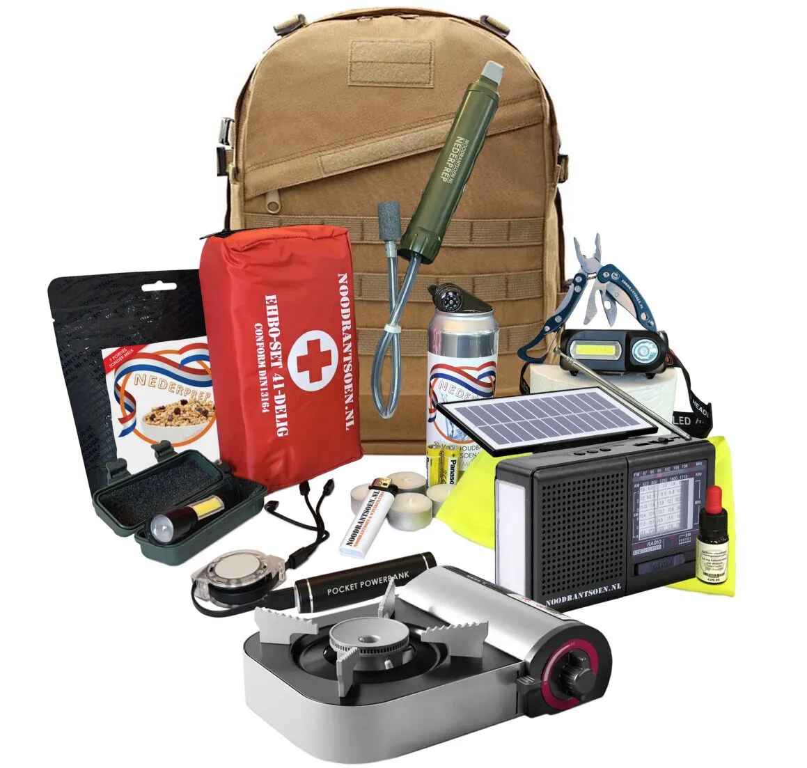 Luxe noodpakket met kookstel, waterfilter, wereldradio, noodrantsoen, EHBO, zaklamp, Survival-kit, nood-gereedschap en veel meer