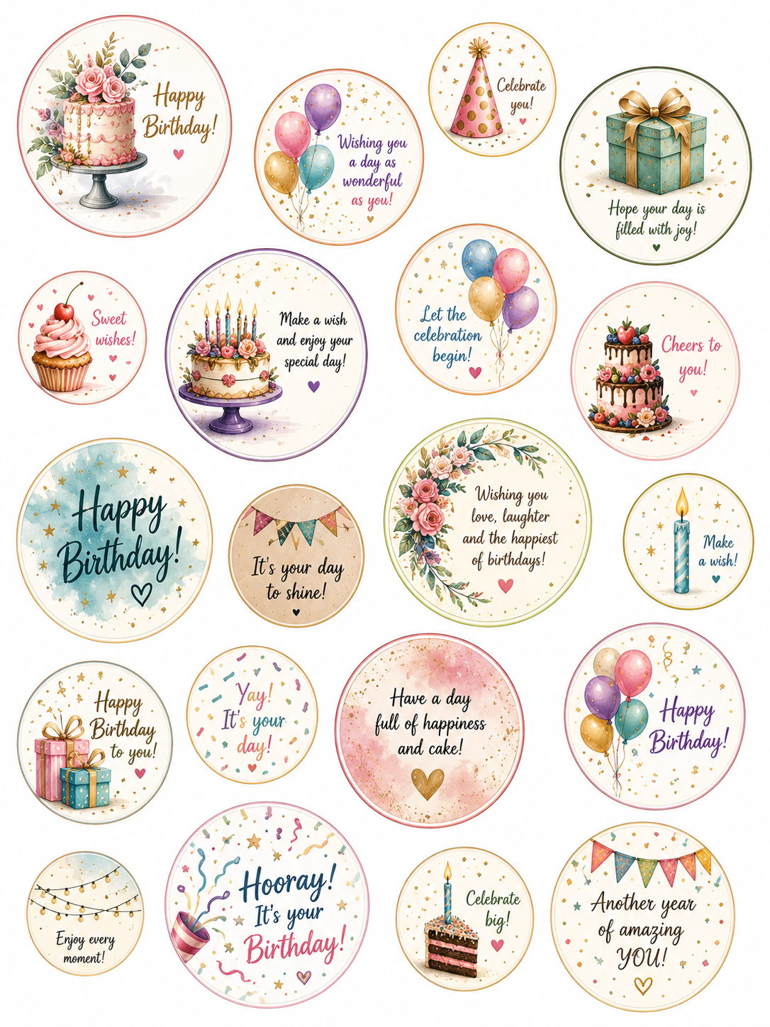 Birthday Die Cuts Set of 20, Pastel Watercolor Birthday Embellishments, Paper Crafts for Planners