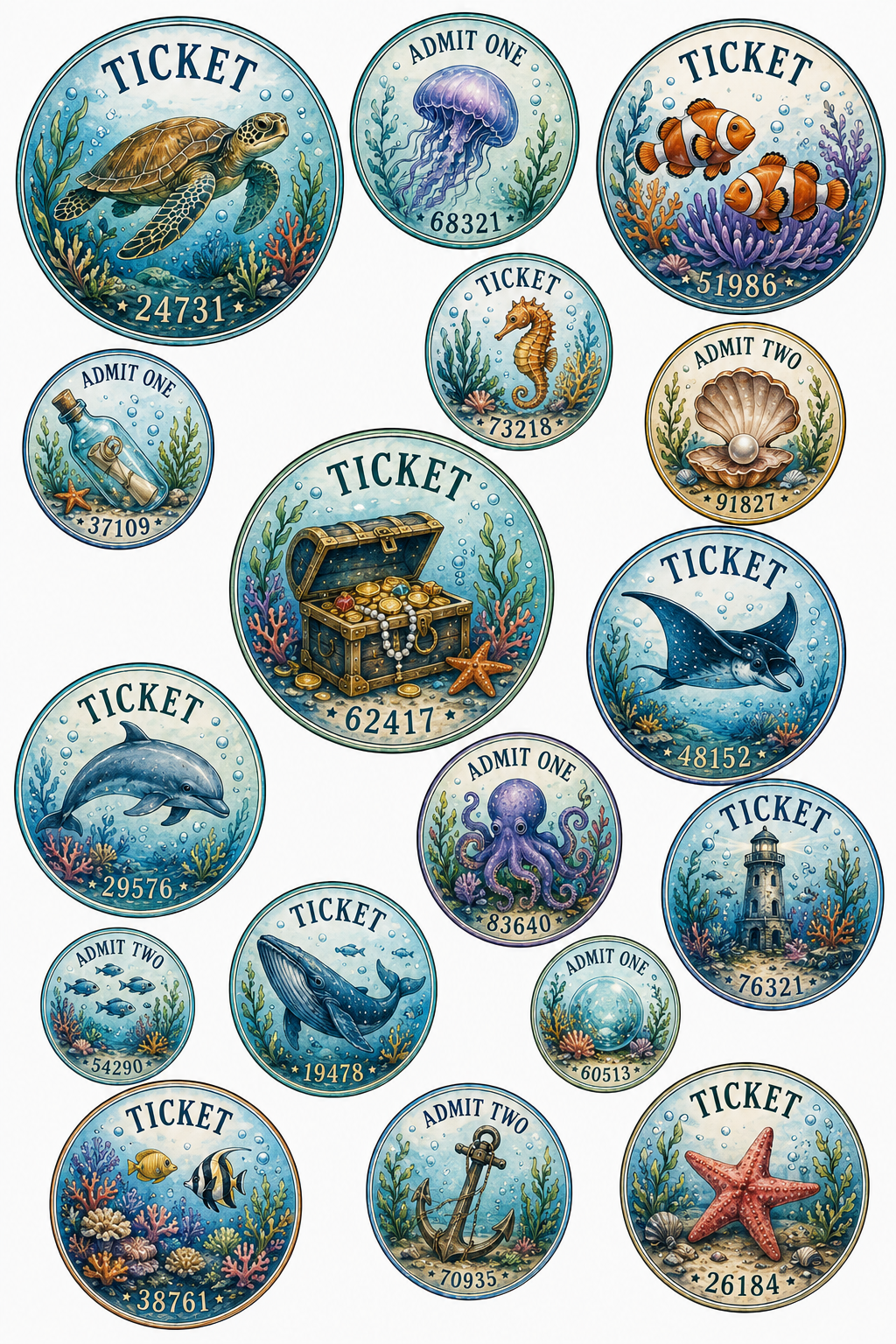 Circular Ocean Life Die Cut Pack,  Piece Shipped Cardstock Tickets, Mermaid and Dolphin Journaling Ephemera, Nautical Paper Crafting