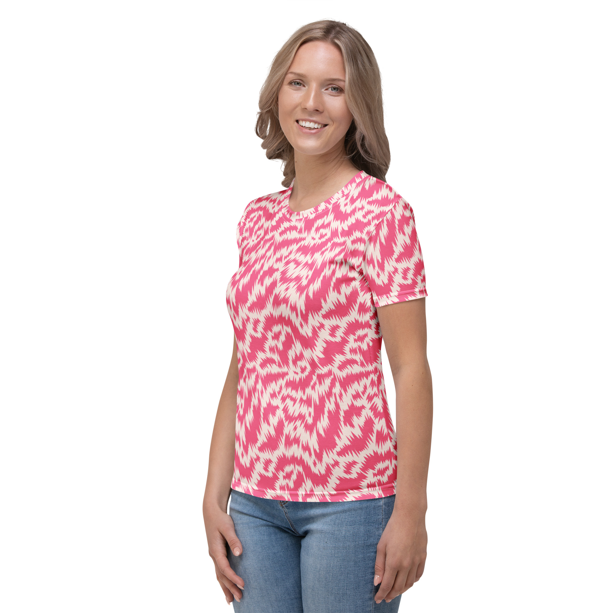 Pink Fur Tiger Print Women's Crew Neck T-Shirt