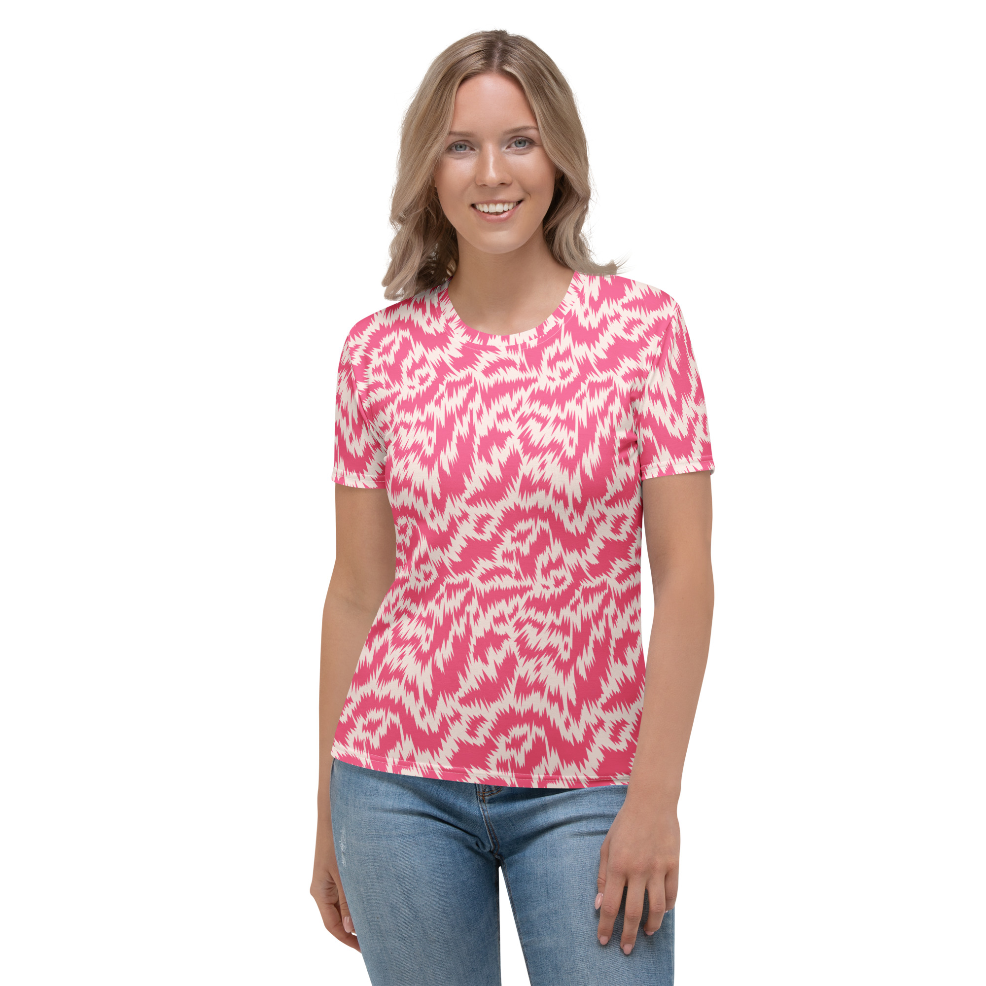 Pink Fur Tiger Print Women's Crew Neck T-Shirt