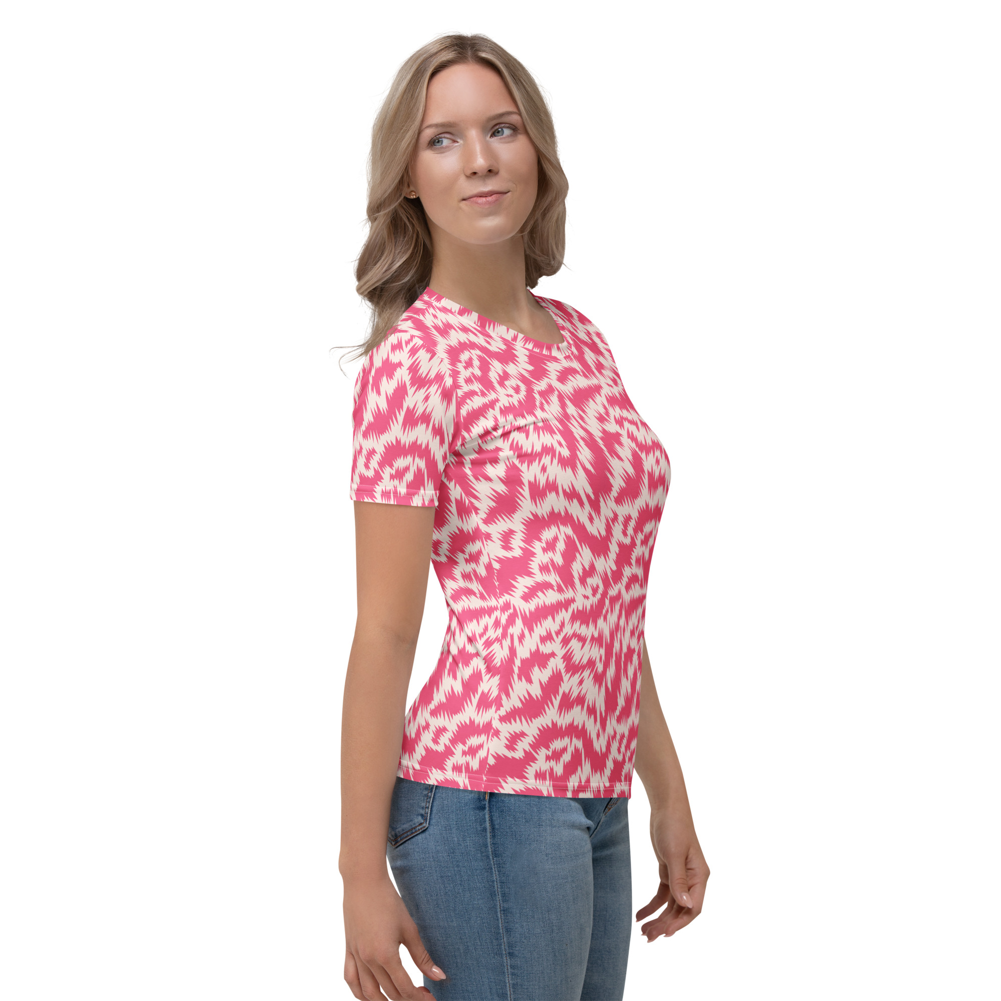 Pink Fur Tiger Print Women's Crew Neck T-Shirt