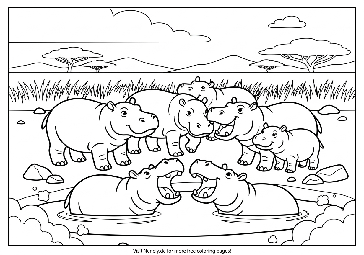 Hippo Family Coloring Page
