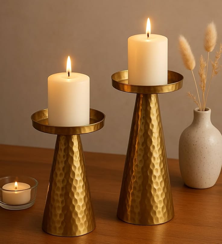Hammered Brass Candle Holder Set