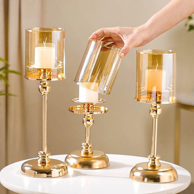 Gold Glass Candle Holders Set