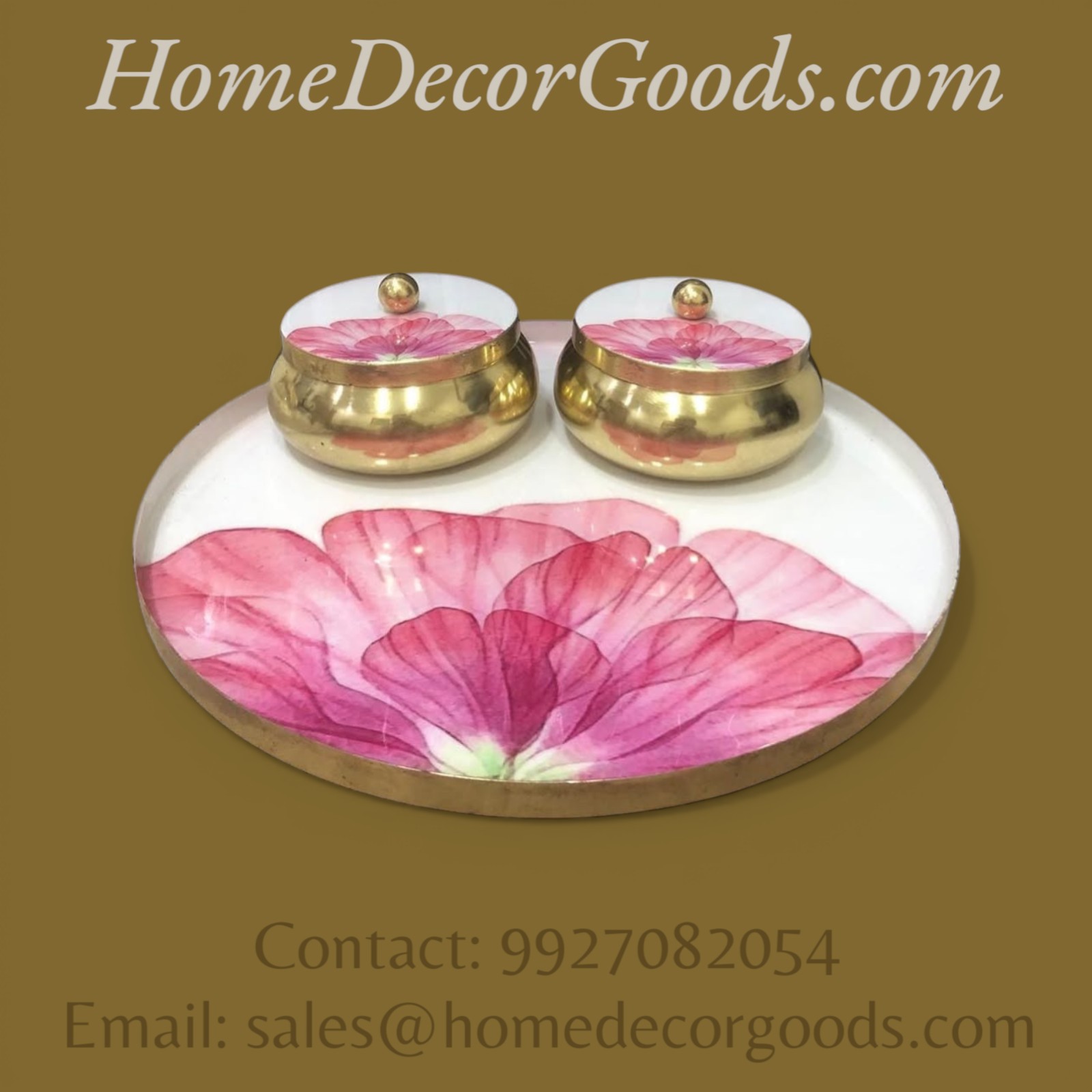 Floral Brass Jar Set with Tray