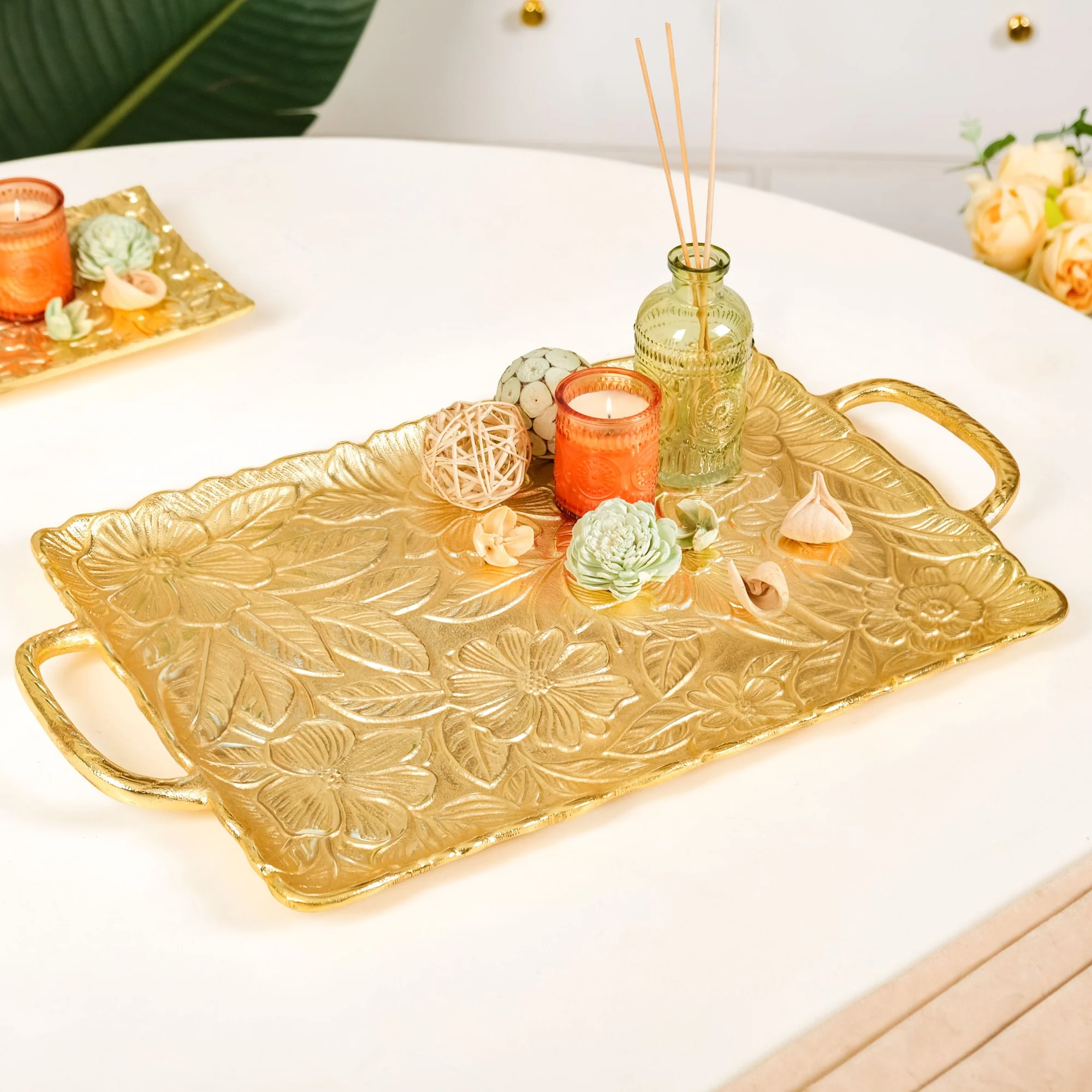 Golden Floral Embossed Serving Tray