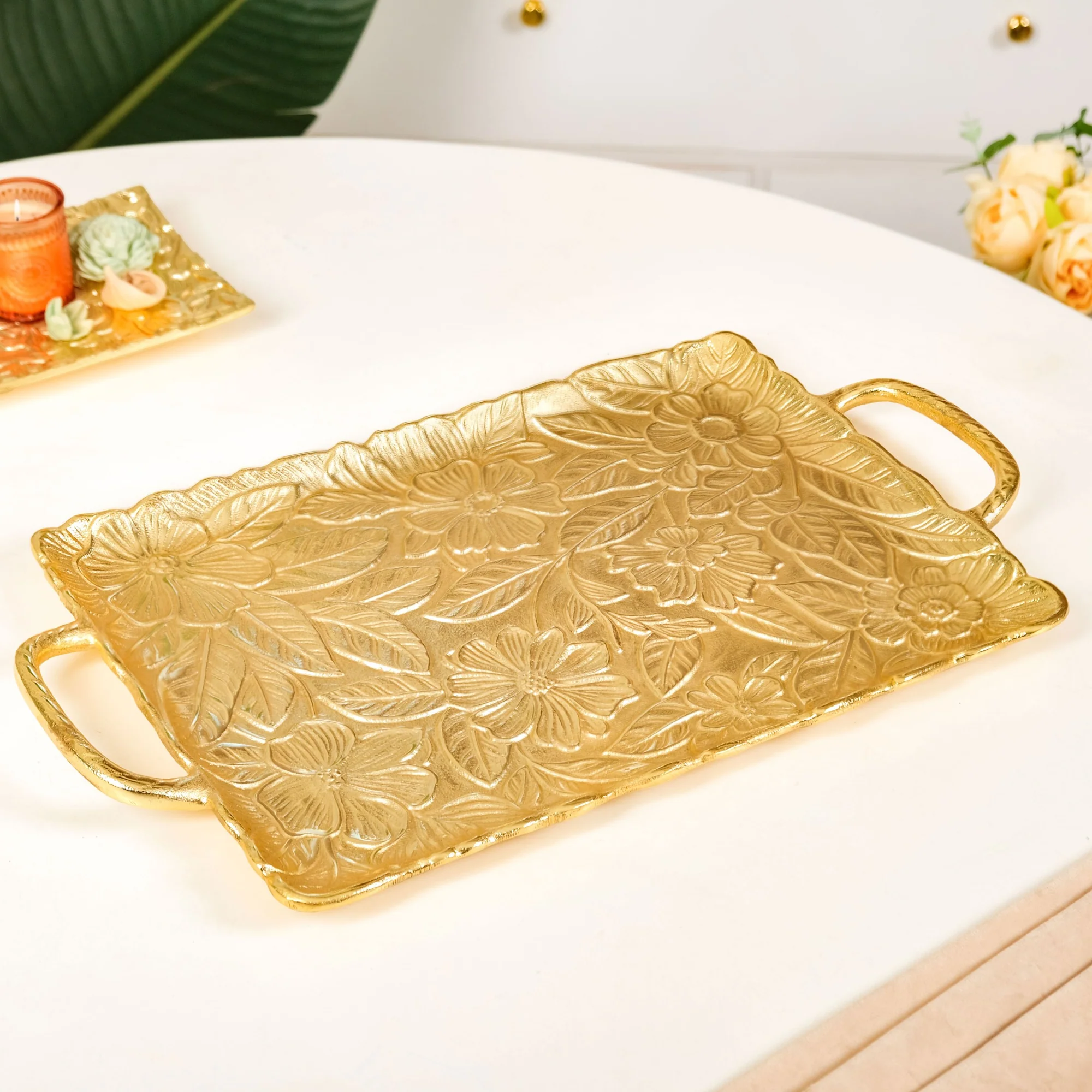 Golden Floral Embossed Serving Tray