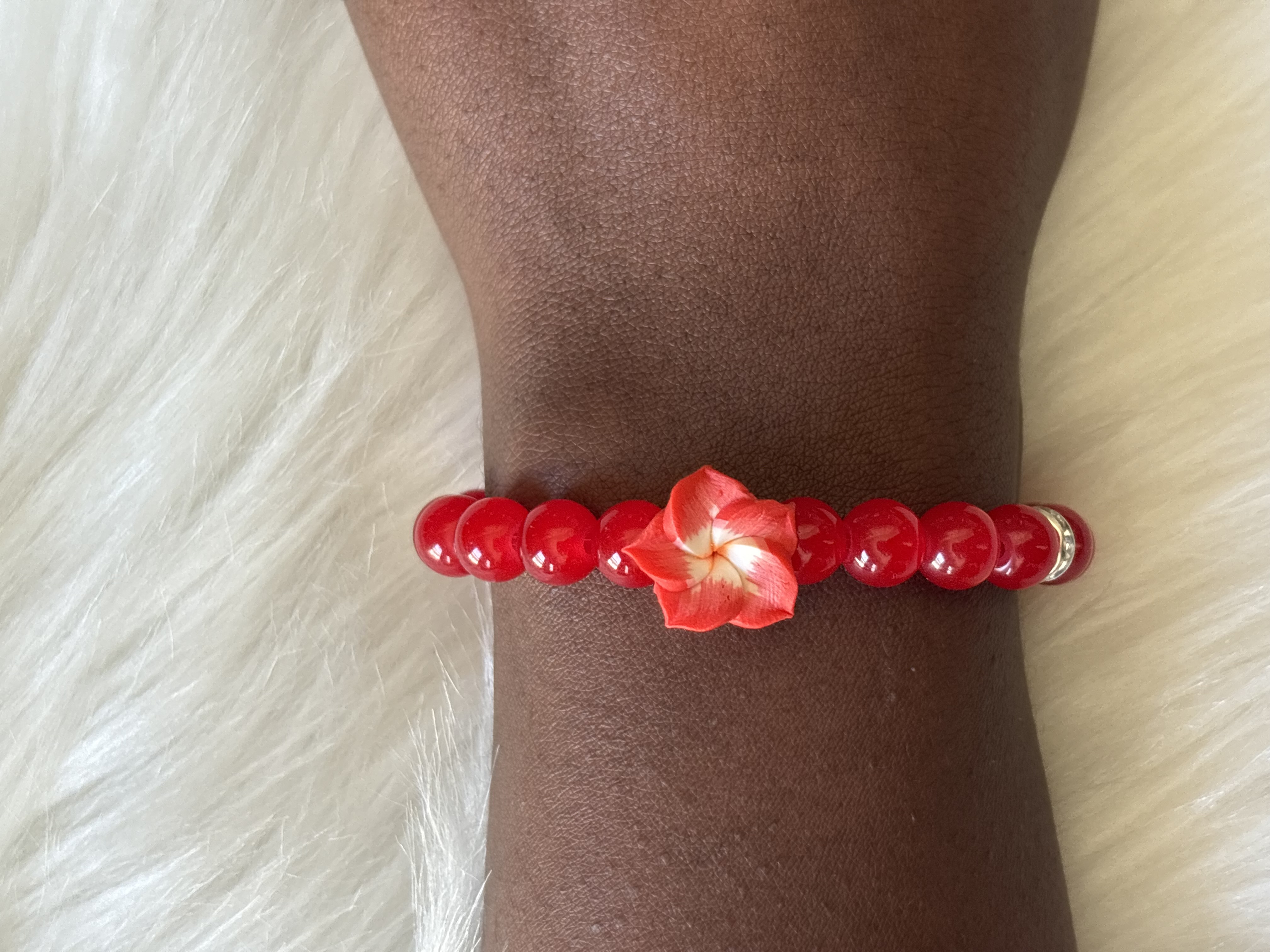 Red Bead Bracelet with Flower Charm