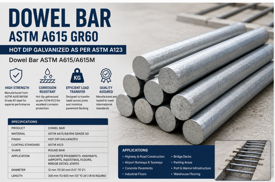 Hot-Dip Galvanized Dowel Bar – ASTM A615 Grade 60