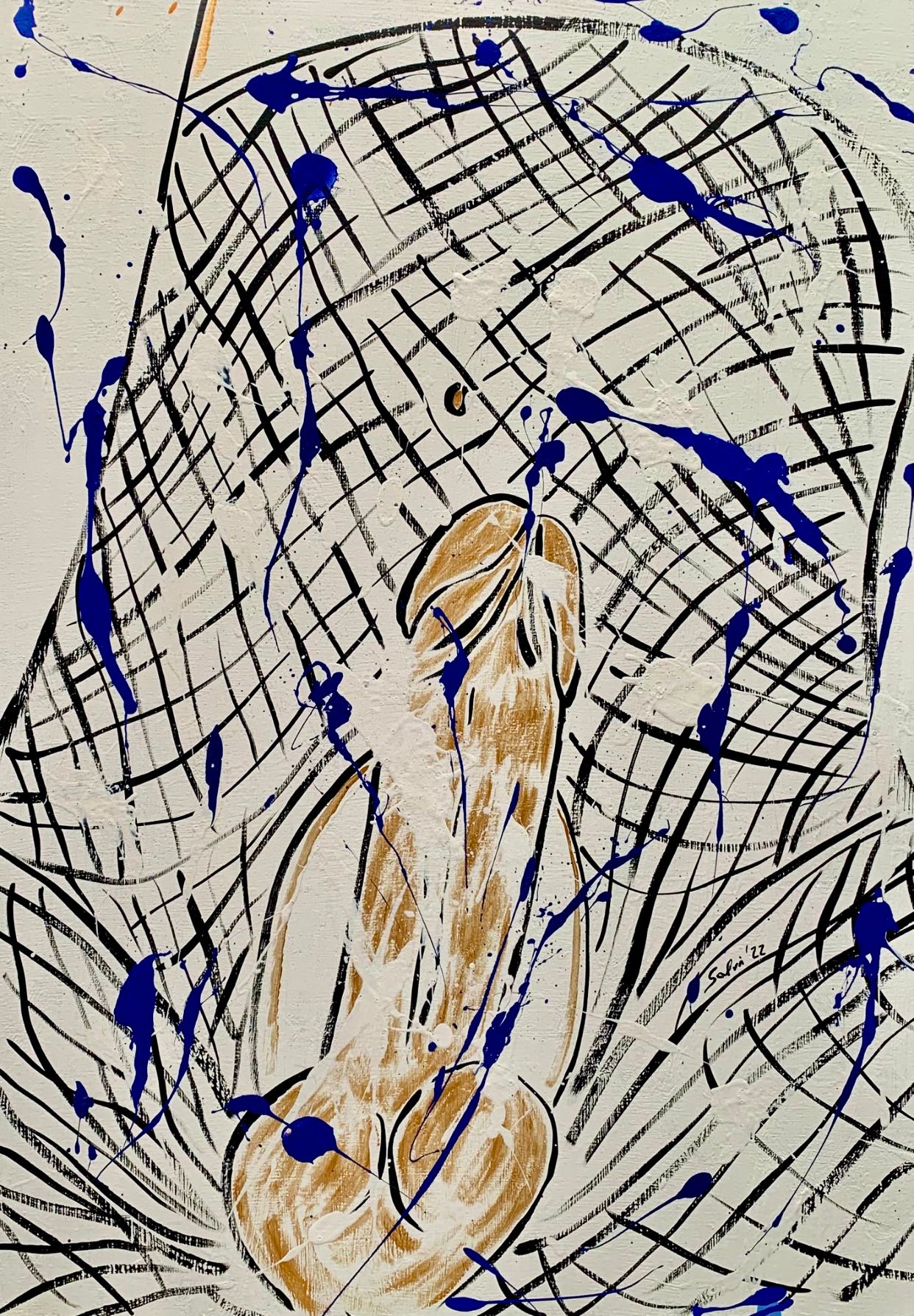 Abstraktes Kunstwerk mit Linien und Farbspritzern