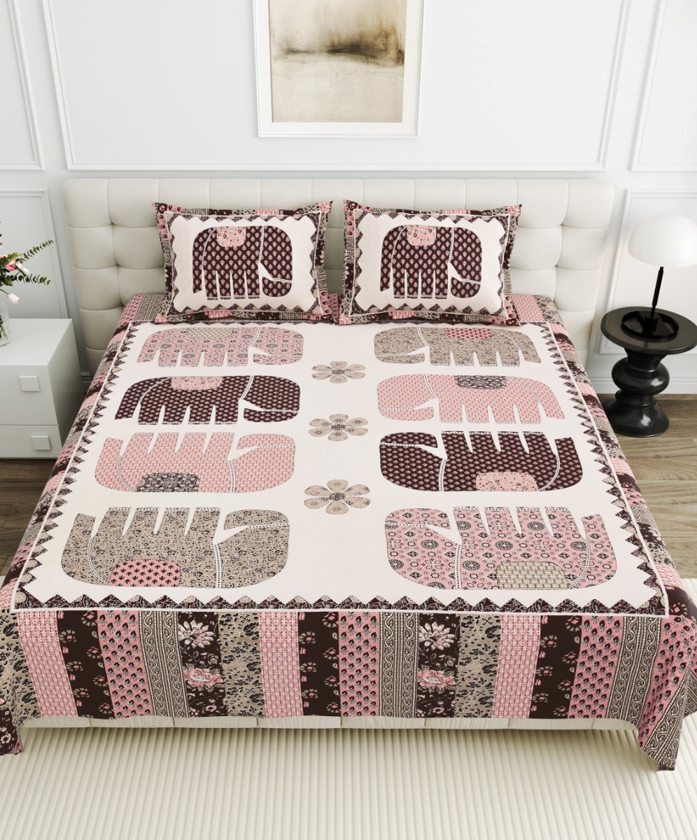 Jaipurio Gangaur Elephant Print Bedsheet (95x108)