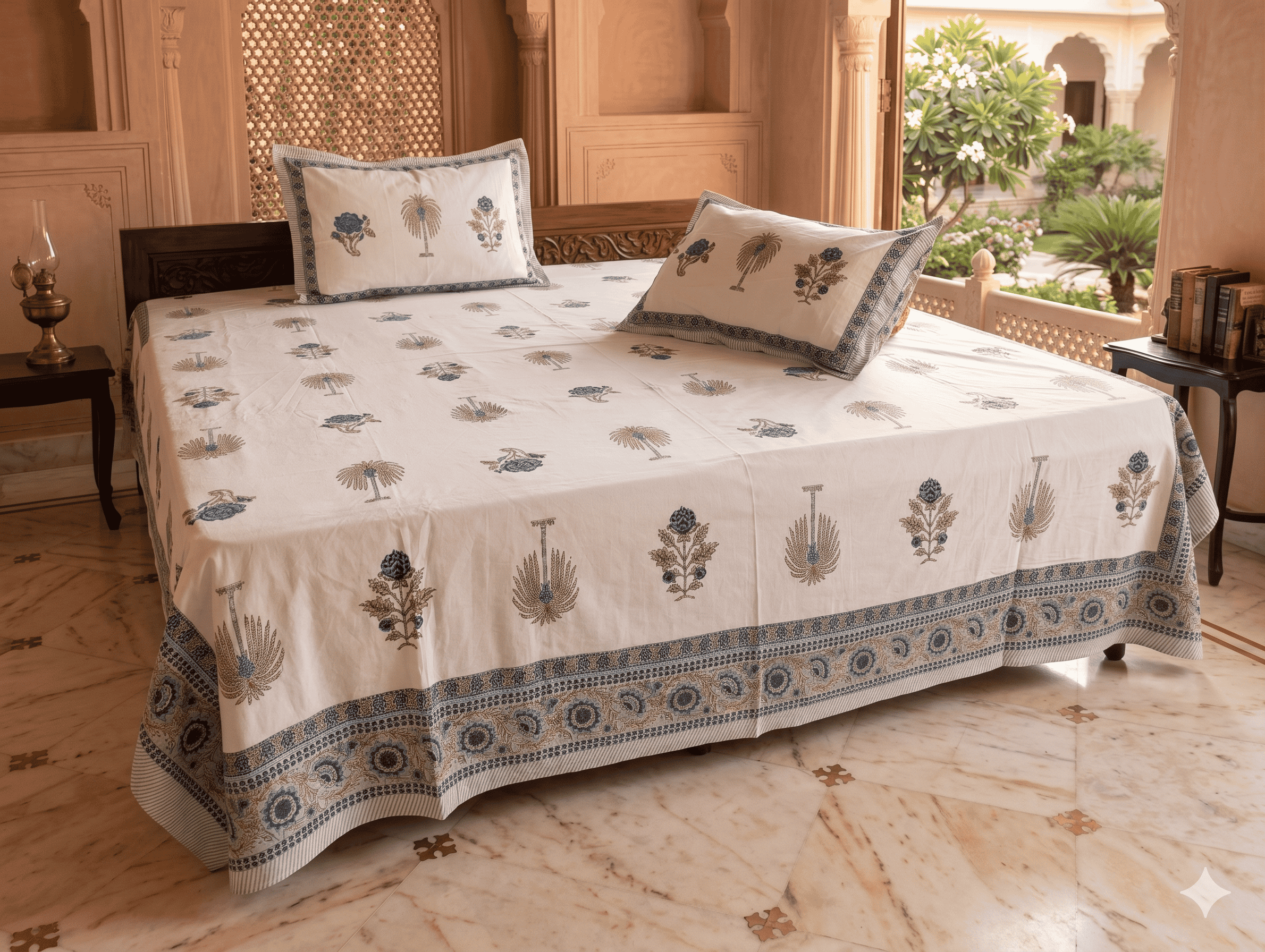 Jaipurio Indigo Blue & Steel Grey Ornamental Buti King Size Cotton Bedsheet