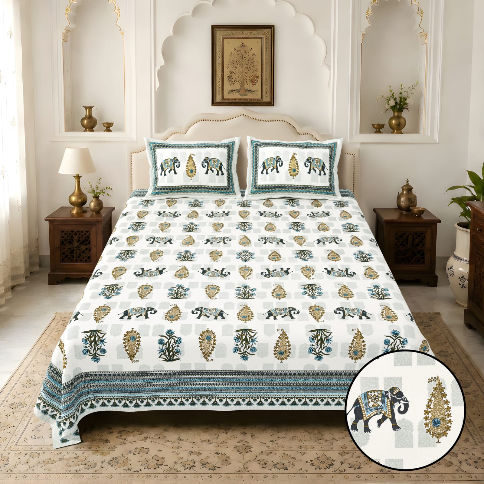 Jaipurio Amrita Elephant Print King Size Cotton Bedsheet (100 x108)