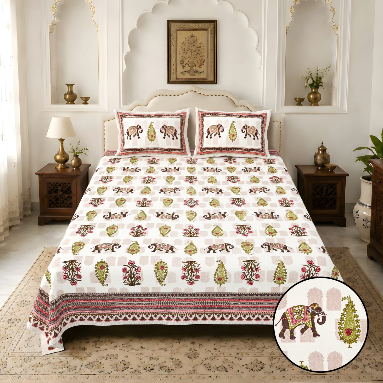 Jaipurio Amrita Elephant Print King Size Cotton Bedsheet (100 x108)