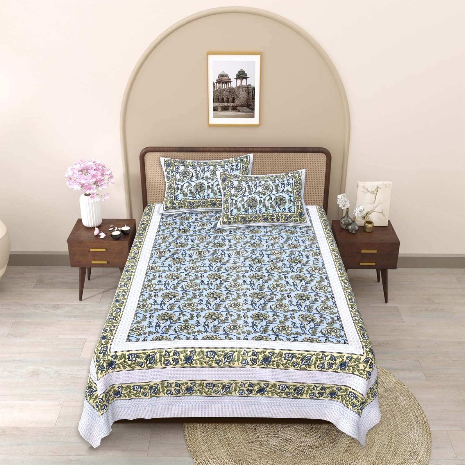Booty Prints Sanganeri Floral Vine Jaal Medium Bed Bedsheet (70x100)