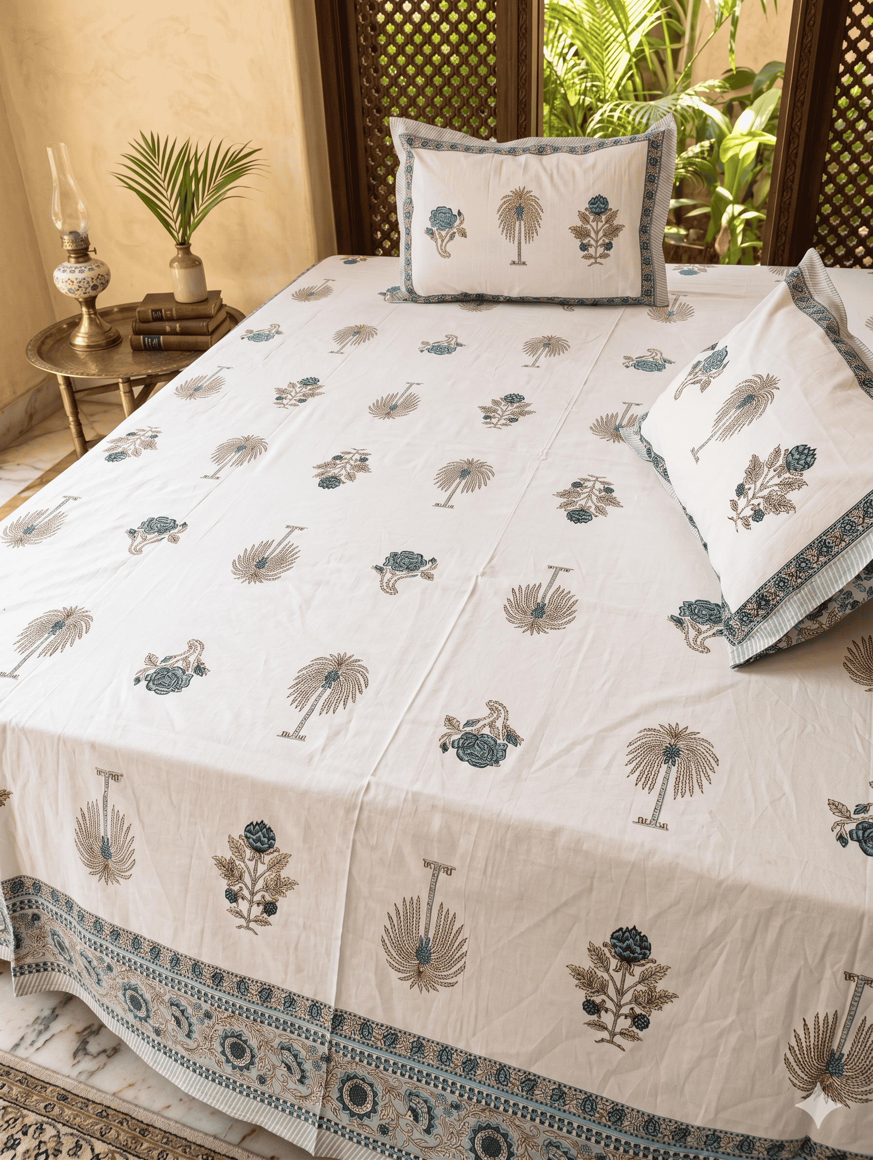 Jaipurio Indigo Blue & Steel Grey Ornamental Buti King Size Cotton Bedsheet