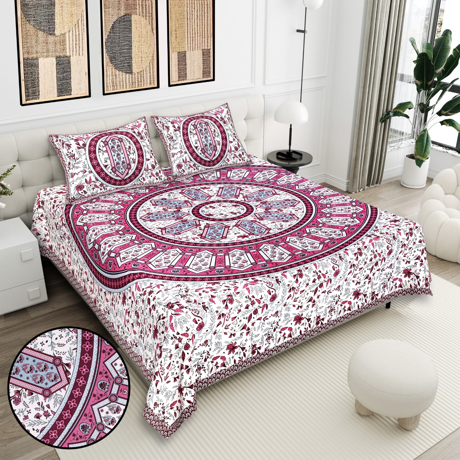 Booty Prints Sanganeri Big Wheel Mandala Medium Bed Bedsheet (70x100)